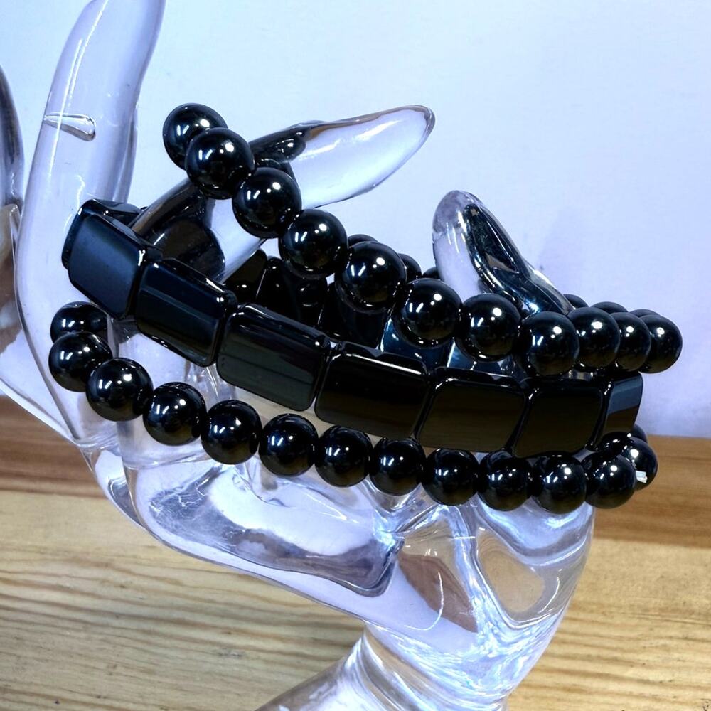 Black Beaded Stretch Bracelet Lot of 3 Round & Rectangle Beads